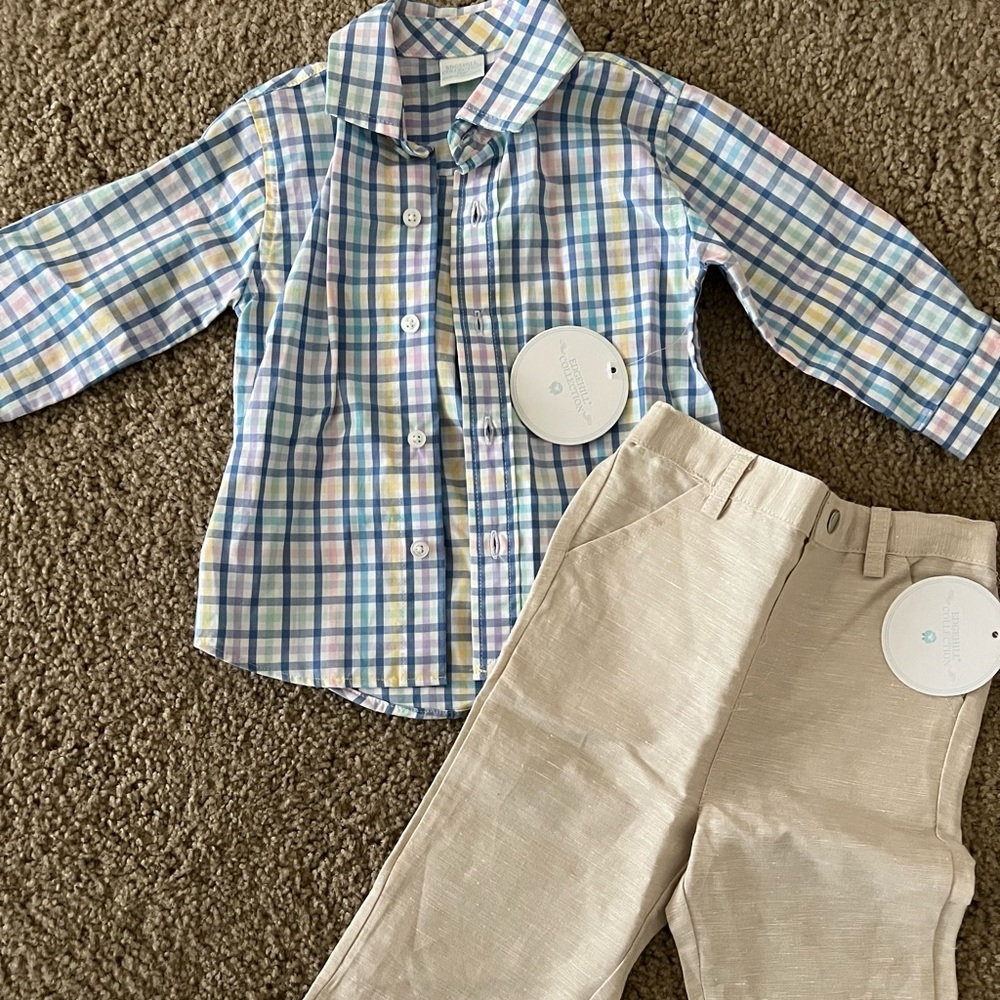 Brand New With Tags Edgehill Collection Plaid Button up and Linen Pant Set, 12M